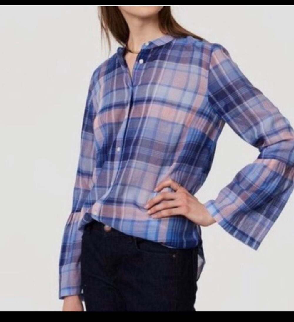 LOFT The Softened Shirt Blue Plaid Button-Down with Bell Sleeves